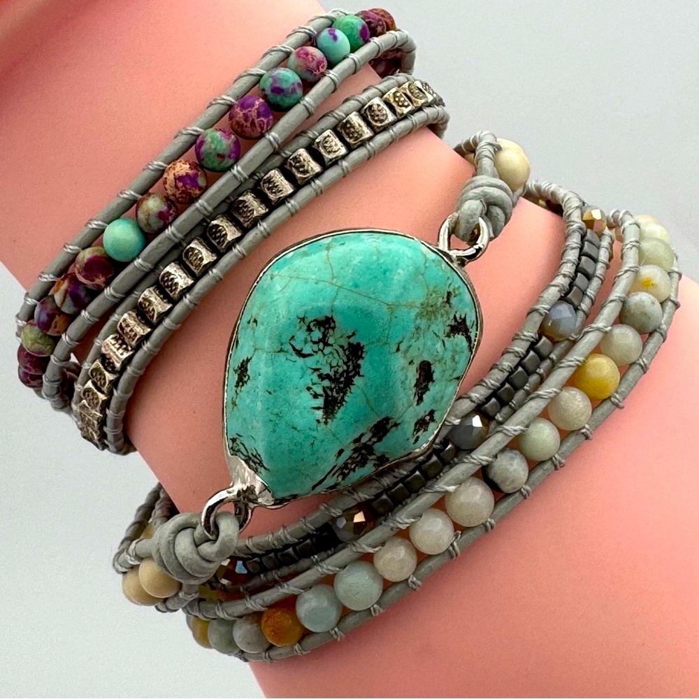 Boho Multi-Strand Beaded Wrap Bracelet w/ Turquoise Statement Stone – Adjustable